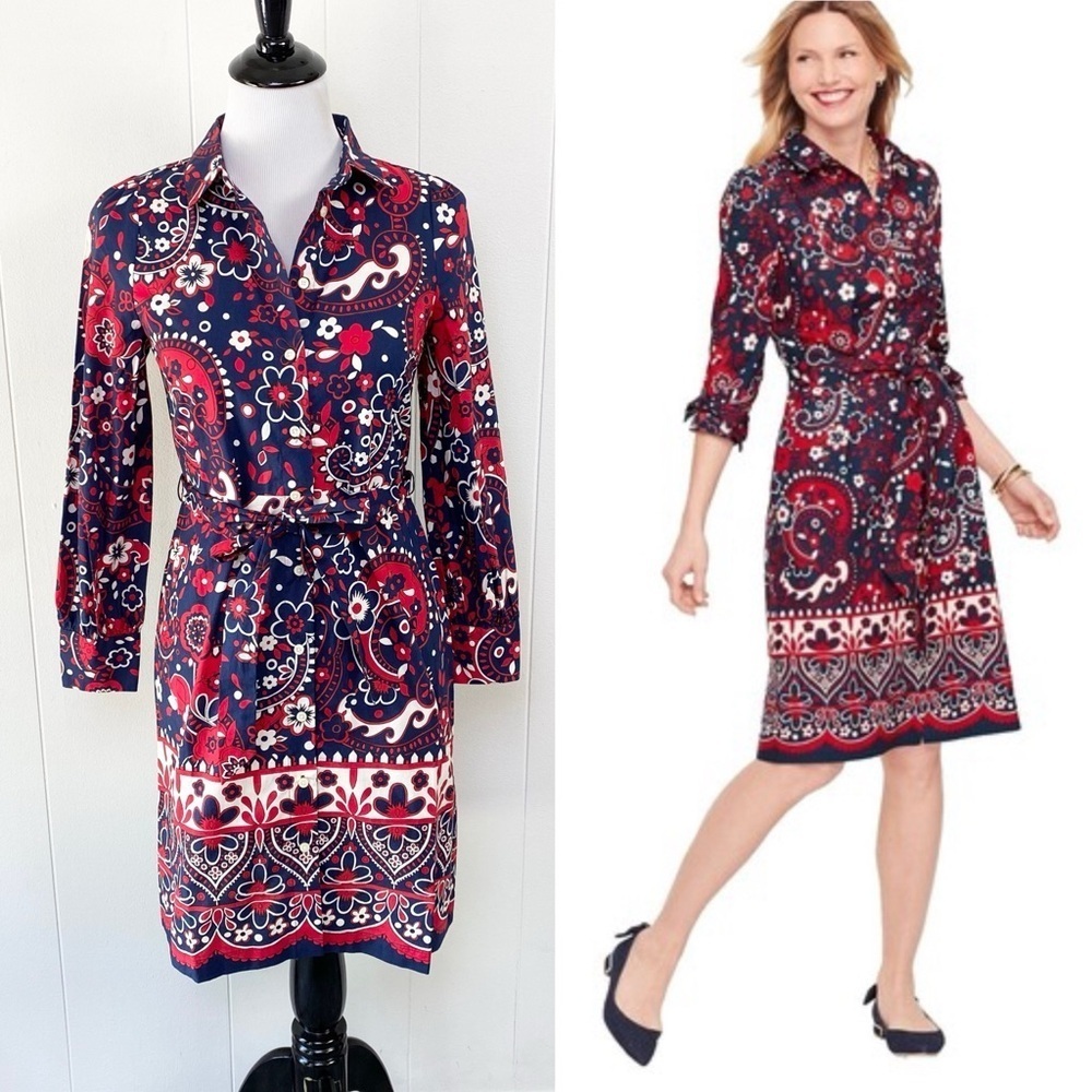 NWT Talbots Paisley Poplin Shirt Dress Size 2P Red Blue Old Money Cotton Belted - Picture 1 of 15